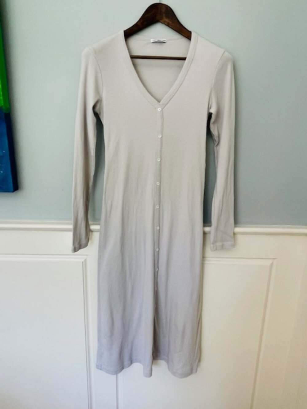 James Perse Ribbed Cotton Knit Midi Dress Taupe Gray V Neck Button Front Medium - Picture 2 of 9